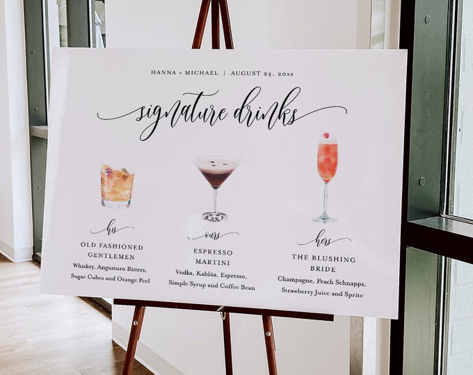 Signature Drinks Sign, 200+ Cocktails, Wine, Beer, Minimalist Signature Bar Menu Poster, Alcohol, His Her Drinks, Instant Download #008-47S