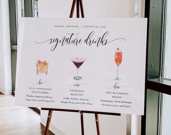 Signature Drinks Sign, 200+ Cocktails, Wine, Beer, Minimalist Signature Bar Menu Poster, Alcohol, His Her Drinks, Instant Download #008-47S