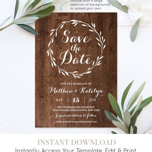 Rustic Save the Date Template, Instant Download, DIY Kraft, Printable Wedding Save the Date ...