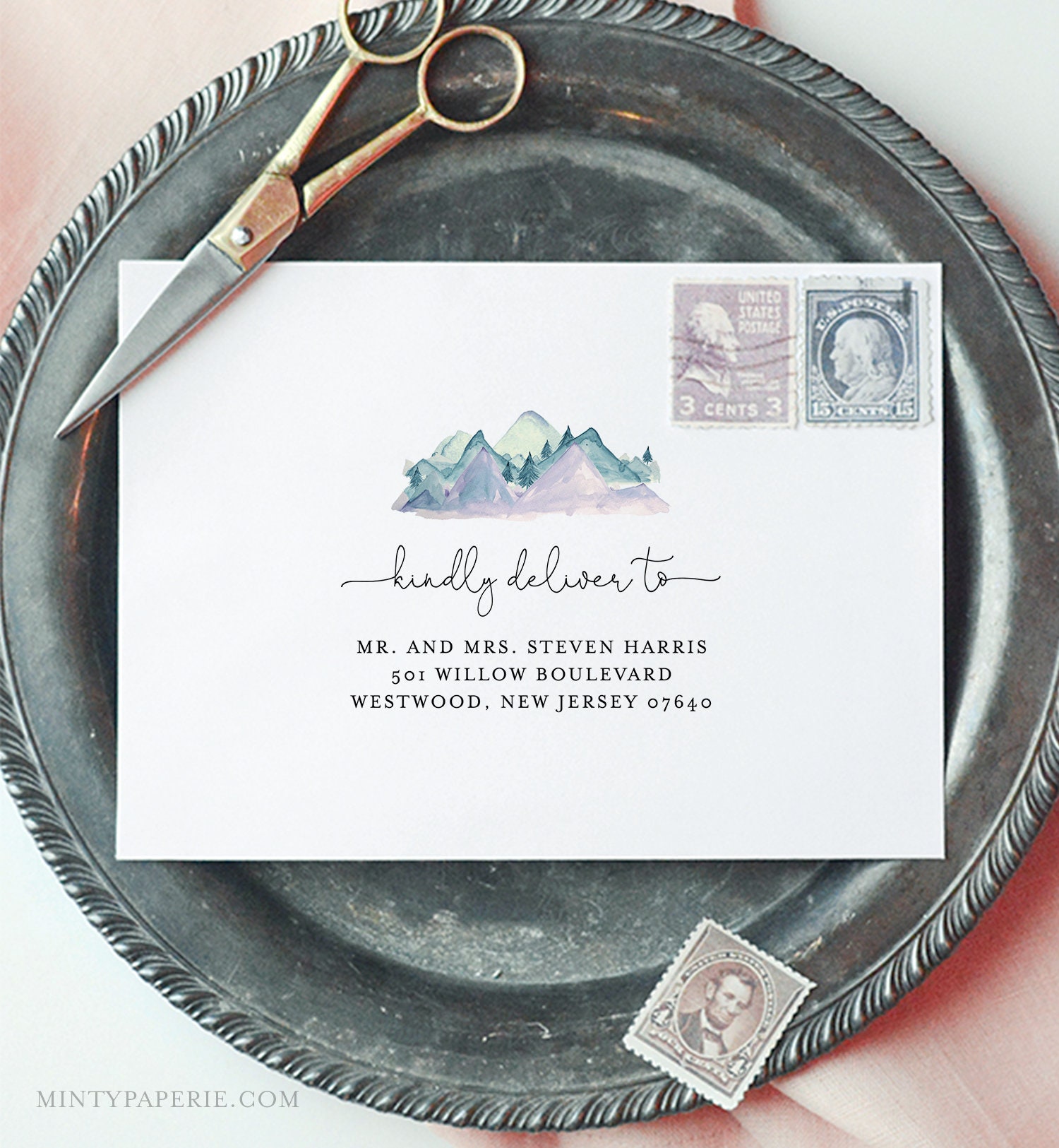 Rustic Mountain Envelope Template DIY Pine Wedding Address  Etsy Regarding Recollections Cards And Envelopes Templates