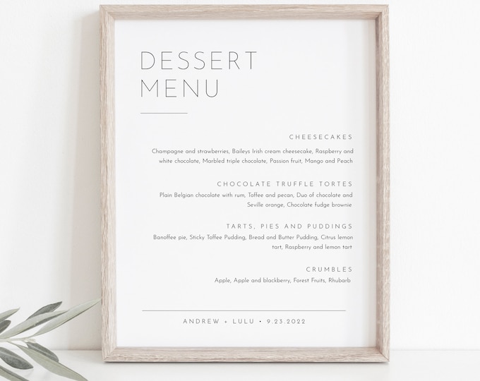 Minimalist Dessert Menu Sign, Sweets Menu, Printable Wedding Dessert Bar Station, Editable Template, Instant Download, Templett #094-102DM