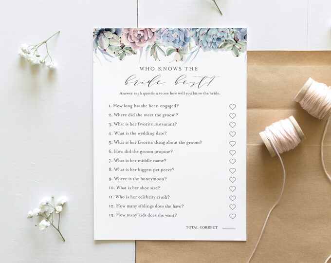 Who Knows the Bride Best Bridal Shower Game, Printable Succulent Bridal Shower Game, Editable Template, Instant Download, Templett 041-278BG