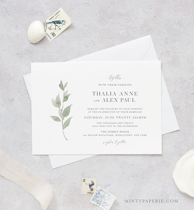Minimalist Greenery Wedding Invitation, Delicate Whisper Laurels Wedding Invite, Editable Template, Instant Download, Templett 0004B2 image 2