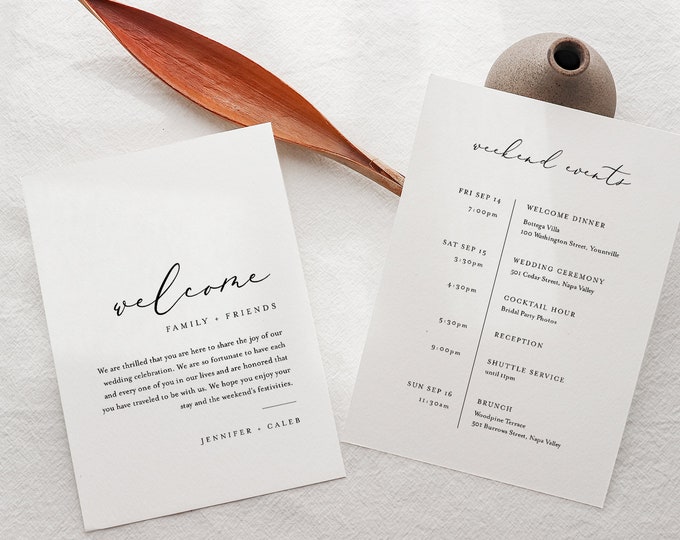 Minimalist Welcome Letter & Timeline Template, Simple Wedding Order of Events, Itinerary, INSTANT DOWNLOAD, 100% Editable Text #045-172WB