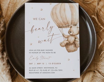 Teddy Bear Baby Shower Invitation, Bearly Wait, Hot Air Balloon, Cute Baby Shower, Gender Neutral, Editable Template, Templett #0063-258BA