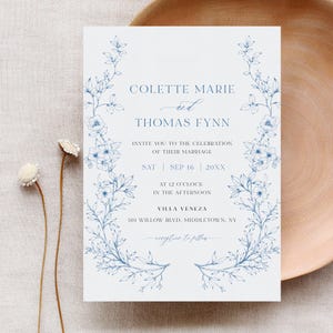 French Toile Wedding Invitation Set, Vintage Blue Florals, Chinoiserie, Wedding Invite, RSVP, Detail, Editable Template, Templett #0062C