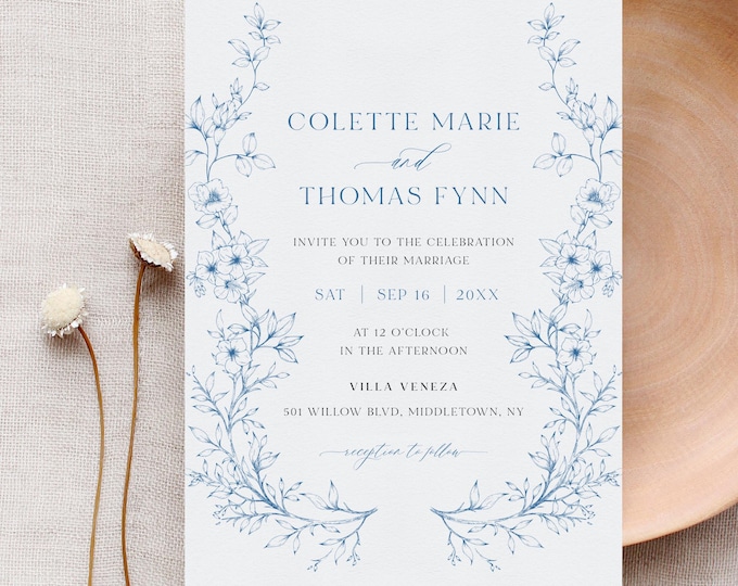 French Toile Wedding Invitation Set, Vintage Blue Florals, Chinoiserie, Wedding Invite, RSVP, Detail, Editable Template, Templett #0062C