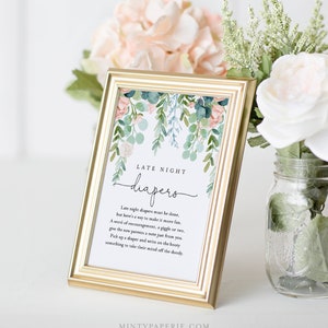 May include: A gold-framed sign with a watercolor floral design and the text "Late Night Diapers" with a message about leaving a note for new parents on a diaper.