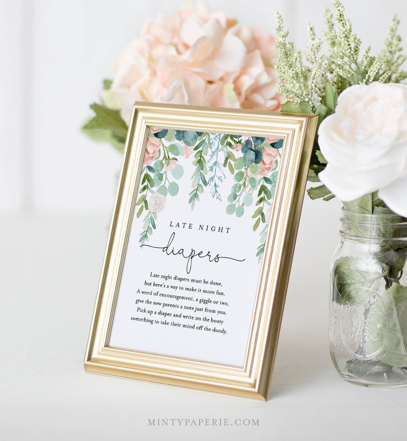 May include: A gold-framed sign with a watercolor floral design and the text "Late Night Diapers" with a message about leaving a note for new parents on a diaper.