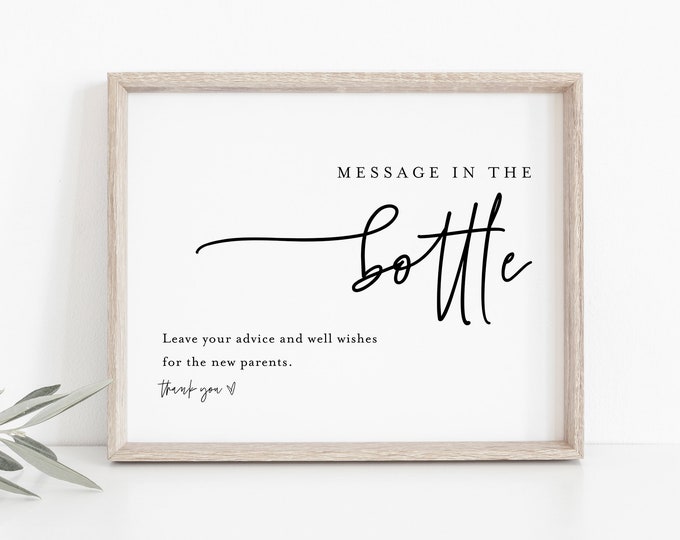 Message in a Bottle Sign, Minimalist Baby Shower, Advice and Well Wishes, 100% Editable Template, Instant Download, Templett  #0009-18S