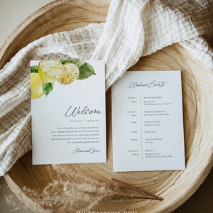 Carta de bienvenida de limón y plantilla de línea de tiempo, orden de eventos de boda de verano de cítricos, itinerario, descarga instantánea, texto 100% editable #0027-180WB