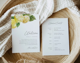 Lemon Welcome Letter & Timeline Template, Citrus Summer Wedding Order of Events, Itinerary, Instant Download, 100% Editable Text #0027-180WB