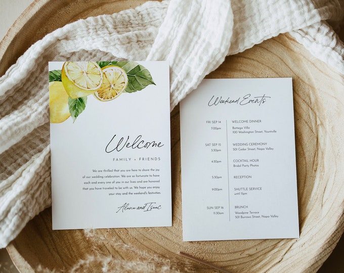 Lemon Welcome Letter & Timeline Template, Citrus Summer Wedding Order of Events, Itinerary, Instant Download, 100% Editable Text #0027-180WB
