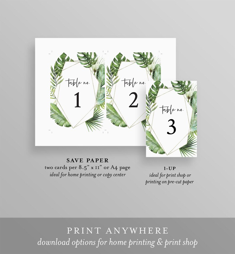 May include: Three printable table number cards with tropical leaf designs and gold geometric frames. The cards feature the text "table no." and the numbers 1, 2, and 3.