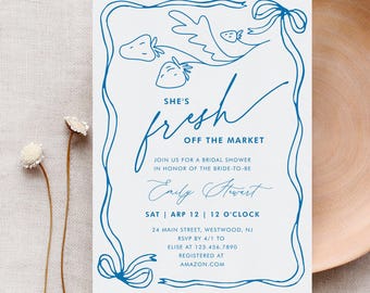 Fresh Off the Market Bridal Shower Invitation Template, Coquette Strawberry Ribbon Bow Wedding Shower Invite, Editable Text #0058A-359BS