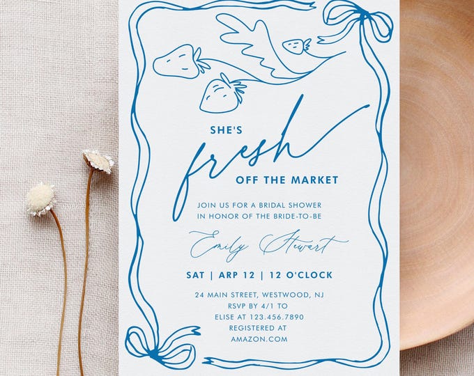 Fresh Off the Market Bridal Shower Invitation Template, Coquette Strawberry Ribbon Bow Wedding Shower Invite, Editable Text #0058A-359BS