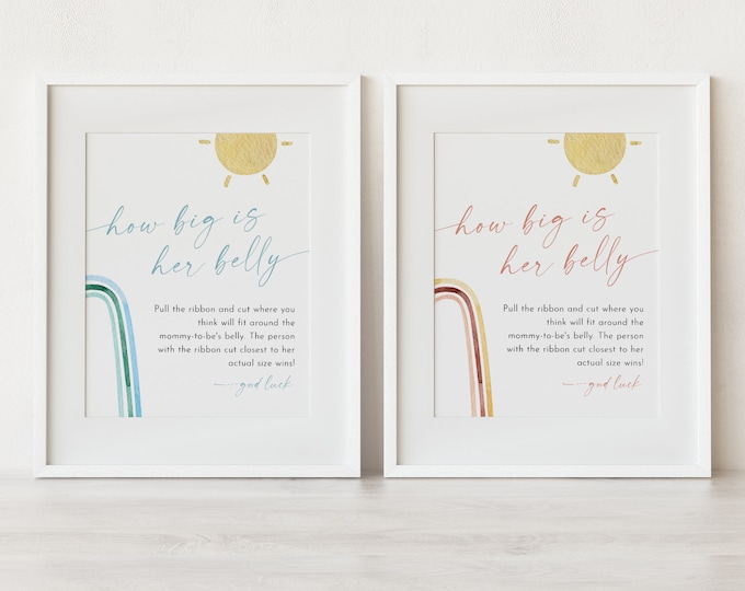How Big Is Her Belly Game, Boho Rainbow Baby Shower Sign, Ribbon, Gender Neutral, Editable Template, Printable, Instant, Templett 0055-26BAG