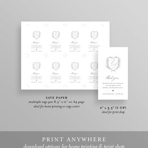 May include: Printable wedding thank you tags with a gray and white design. The tags feature a shield with the letters "E" and "S" inside. The text "Thank you" is written in cursive script. The text "We thank you for your continuous love and support and for spending this special day with us. Elizabeth & Samuel" is also included. The tags are designed to be printed on 8.5 x 11 inch paper or A4 paper. The tags can also be printed at a print shop.