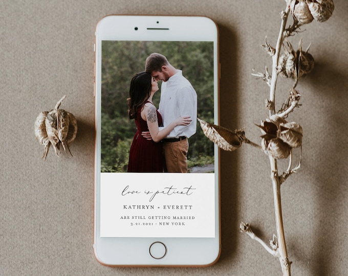 Postponed Wedding Date, Love is Patient, Change of Plans, Digital Announcement, 100% Editable, INSTANT DOWNLOAD, Templett #045-113PA