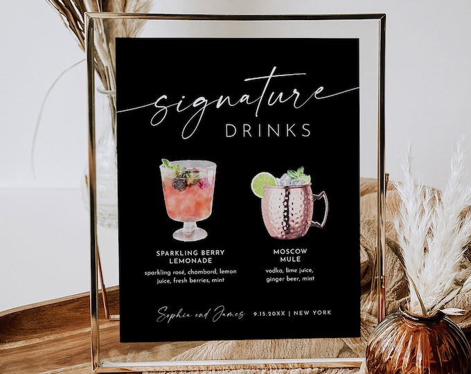 Signature Drinks Sign, Cocktails, Wine, Beer, His and Her, Classic Black Signature Bar Menu, Alcohol, Editable, Instant, Templett #0034B-08S