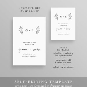 May include: Editable wedding invitation template with a minimalist design featuring a floral motif and the text "G+L" and "Welcome to the wedding of Gemma + Lucas". The template is available in two sizes: 18" x 24" and 24" x 36".