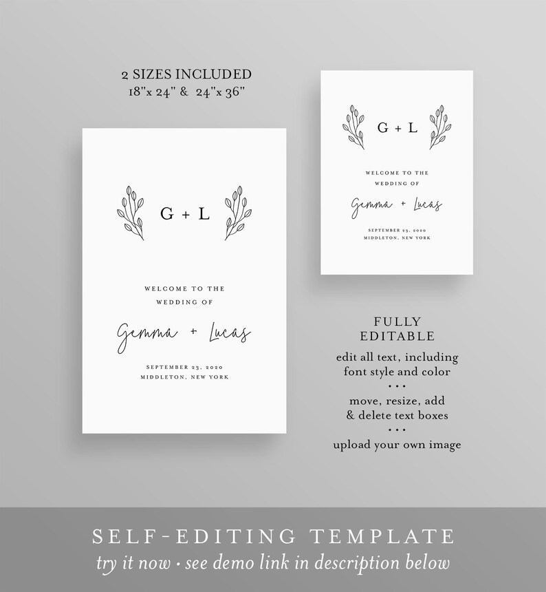 May include: Editable wedding invitation template with a minimalist design featuring a floral motif and the text "G+L" and "Welcome to the wedding of Gemma + Lucas". The template is available in two sizes: 18" x 24" and 24" x 36".