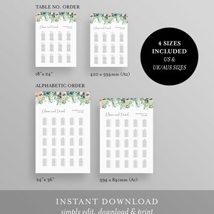 May include: Printable wedding seating chart template with a floral design featuring eucalyptus leaves and pink flowers. The chart is available in four sizes: 18 x 24 inches, 24 x 36 inches, 420 x 594 mm (A2), and 594 x 841 mm (A1).