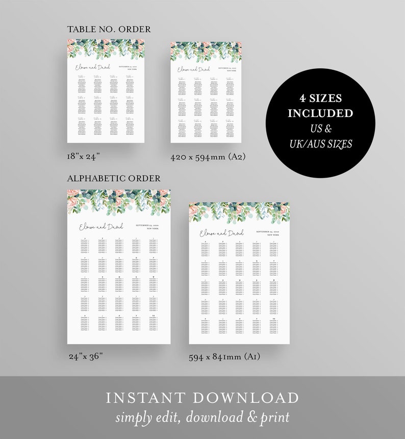 May include: Printable wedding seating chart template with a floral design featuring eucalyptus leaves and pink flowers. The chart is available in four sizes: 18 x 24 inches, 24 x 36 inches, 420 x 594 mm (A2), and 594 x 841 mm (A1).
