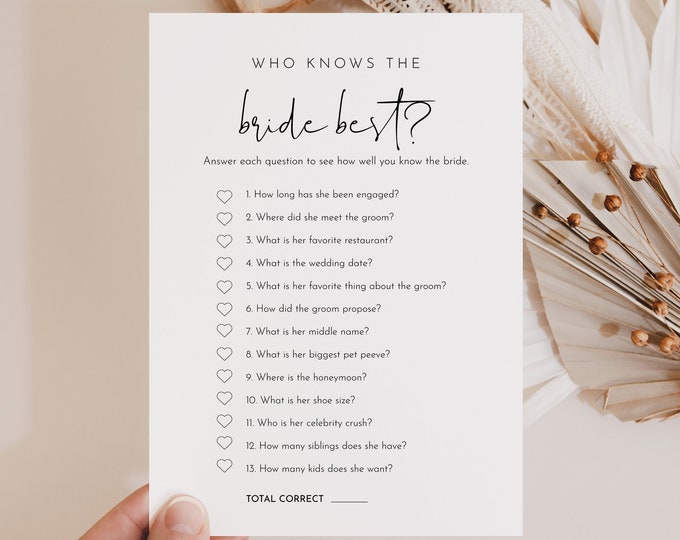 How Well Do You Know the Bride, Minimalist Who Knows the Couple Best Bridal Shower Game, Editable Template, Instant Download #0031-03BRG