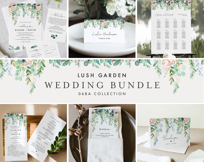 Lush Garden Wedding Bundle, Large Wedding Essential Templates, 100% Editable Text, Greenery Wedding, Instant Download, Templett 068A-BUNDLE