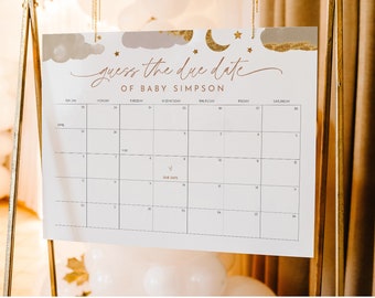 Könnte beinhalten: Ein druckbares Babyparty-Spiel mit einem Kalender, auf dem die Gäste das Geburtsdatum von Baby Simpson erraten können. Der Kalender hat einen hellgrauen Hintergrund mit goldfarbenem Rand und den Text "guess the due date of Baby Simpson" oben. Der Kalender ist mit Wolken, Sternen und einem Halbmond verziert.