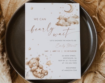Teddy Bear Baby Shower Invitation, Bearly Wait, Cute Baby Shower, Gender Neutral, Editable Template, Templett #0063-258BA