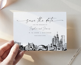 Chicago Skyline Save the Date, City Destination Wedding Chicago Wedding Date, Editable Template, Instant Download, Templett, 5x7 #0047-212SD