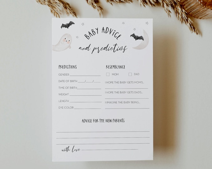 Halloween Baby Predictions & Advice Card, Printable Baby Shower Game, Editable, DIY Baby Advice, INSTANT DOWNLOAD, Templett #066-374BASG