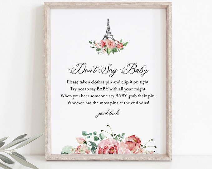 Don't Say Baby Clothespin Game, Paris Baby Shower Sign, 100% Editable Template, Printable, Instant Download, Templett  #001-283BASG