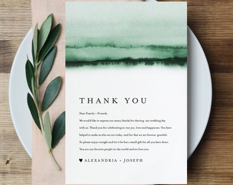Thank You Letter, Emerald Watercolor, Napkin Note, Printable Menu Thank You, Editable Template, Instant Download, Templett 4x6 #093C-141TYN