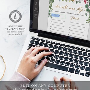May include: Editable template for a "How Old Were They?" game. The template features a floral design with a light blue background. The text "How old were they?" is written in gold script. The game asks guests to guess the ages of Sarah and Edward in each photo.
