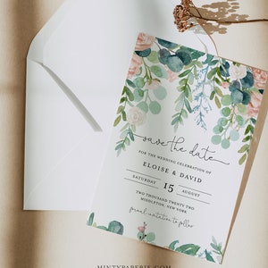 Lush Garden Save the Date Template, 100% Editable Text, Greenery & Blush Floral Wedding Date, Templett, Instant Download 068A-182SD image 3