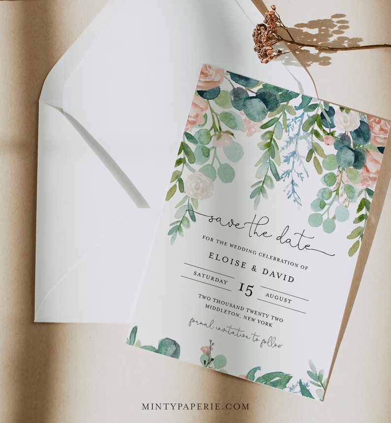 Lush Garden Save the Date Template, 100% Editable Text, Greenery & Blush Floral Wedding Date, Templett, Instant Download 068A-182SD image 3