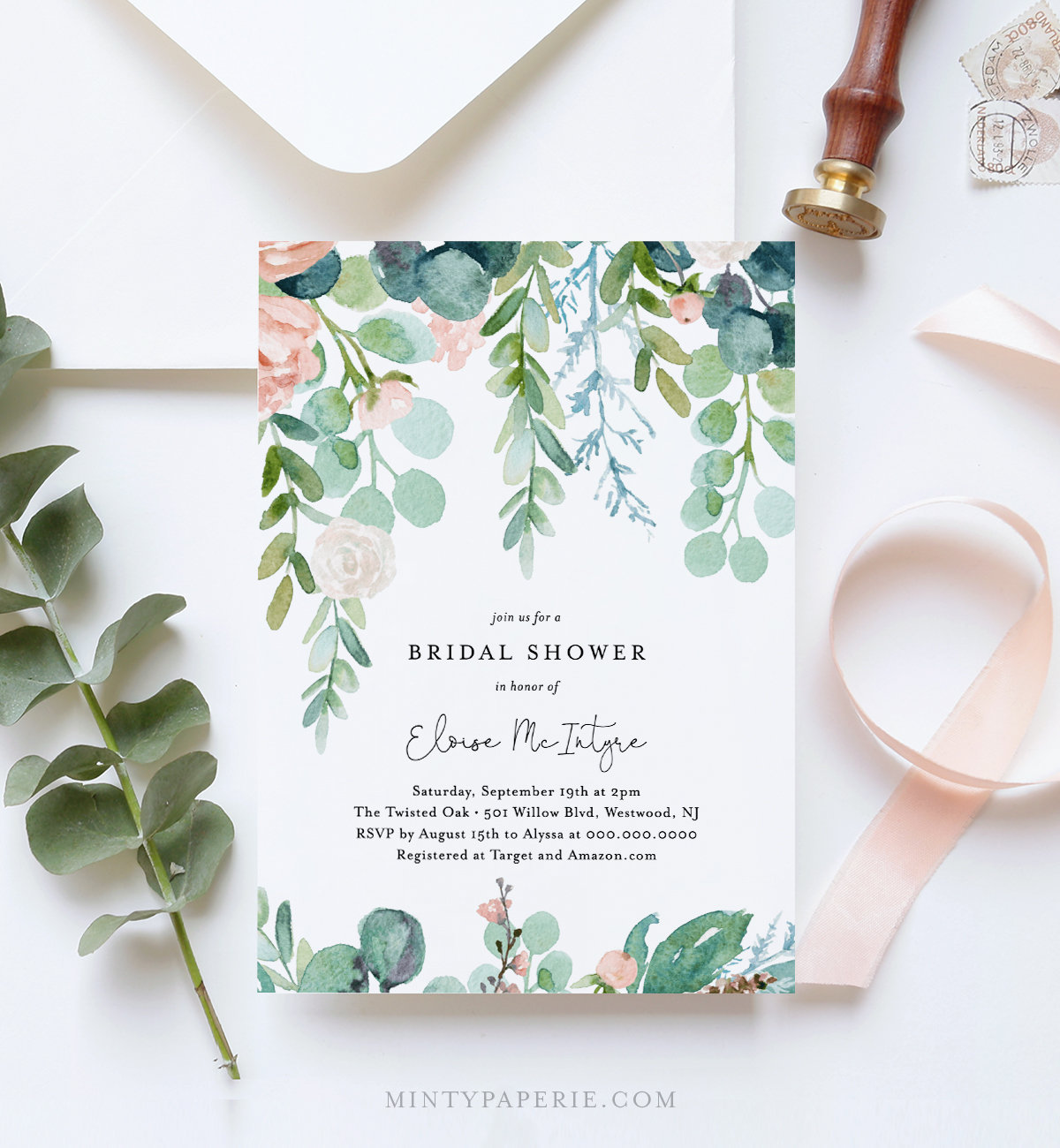 Bridal Shower Invitation Template, Printable Mint Wedding Shower Invite, Lush Garden, 100%
