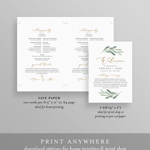 May include: Printable wedding ceremony program template with a green olive branch design. The program includes the wedding party, ceremony order, and the text "Welcome to the wedding of Chelsea + Alex, August 14, 2020, New York".