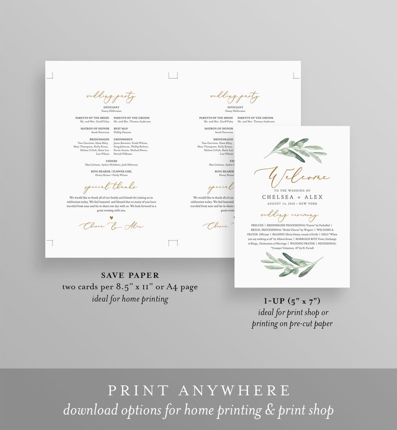 May include: Printable wedding ceremony program template with a green olive branch design. The program includes the wedding party, ceremony order, and the text "Welcome to the wedding of Chelsea + Alex, August 14, 2020, New York".