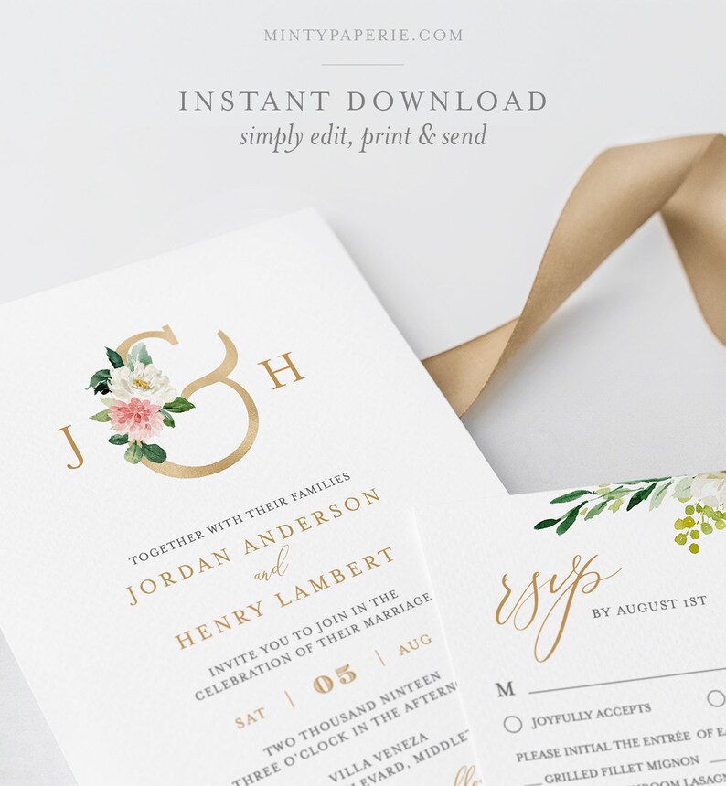 Boho Wedding Invitation Suite Greenery and Gold Blush Florals INSTANT DOWNLOAD Editable Text Wedding Monogram Templett DIY #043C
