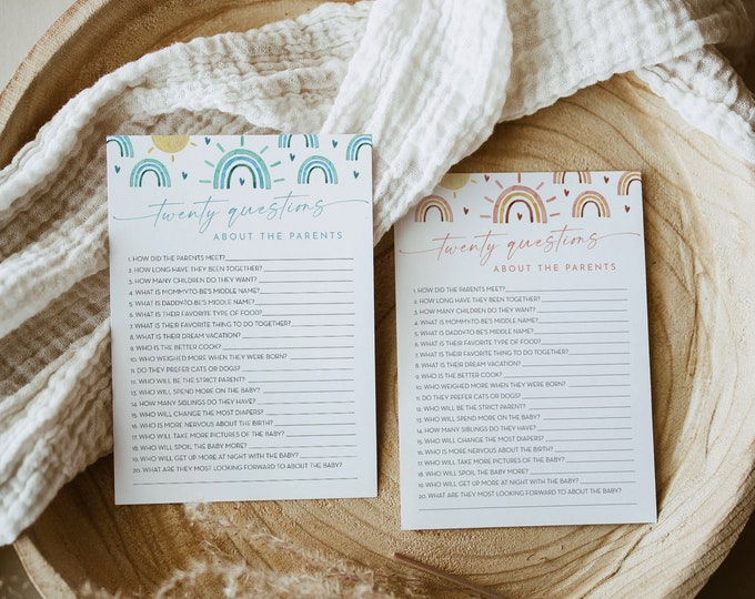 20 Questions About the Parents, Twenty Questions Game, Rainbow Baby Shower, Editable Text, Instant Download, Templett, 5x7 #0055-41BAG