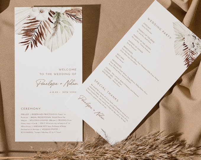 Bohemian Wedding Program Template, Pampas, Palm, Boho Order of Service, Editable, Printable, Instant Download, Templett, 4x9 #0028A-167WP