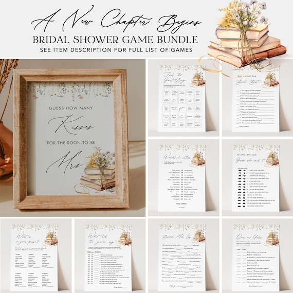 A New Chapter Bridal Shower Game Bundle, 36 Games, Wildflower Story Book Wedding Shower Game, Editable Templates, Templett #0066-BGB