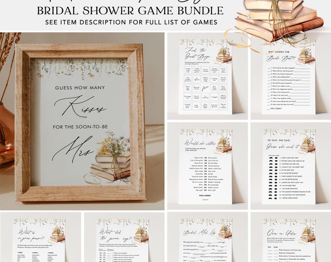 A New Chapter Bridal Shower Game Bundle, 36 Games, Wildflower Story Book Wedding Shower Game, Editable Templates, Templett #0066-BGB