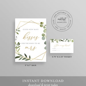 How Many Kisses Bridal Shower Game, Hershey Kisses Game, Greenery Bridal Shower Printable, Sign & Ticket, Instant Download #056-219BG image 2