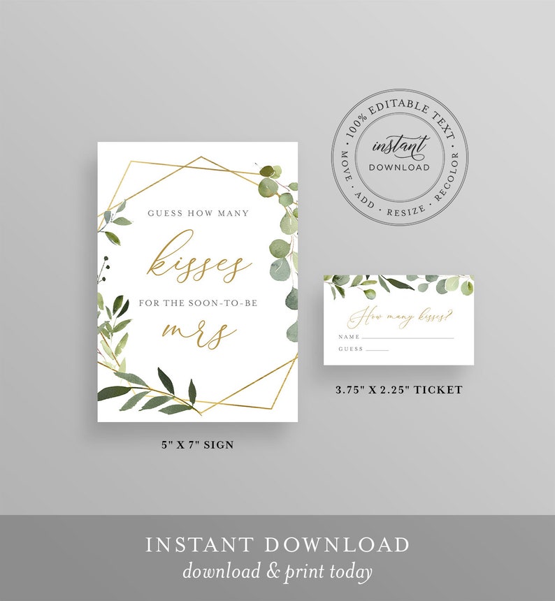 How Many Kisses Bridal Shower Game, Hershey Kisses Game, Greenery Bridal Shower Printable, Sign & Ticket, Instant Download #056-219BG image 2