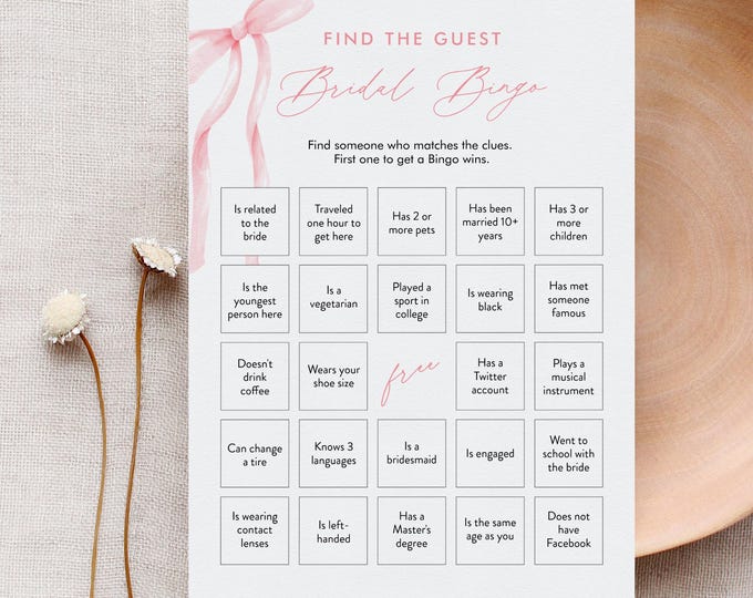 Find the Guest Bingo Game, Coquette Pink Bow Bridal Shower Bingo, Social Game, Printable, Editable Template, Templett #0057-02BRG